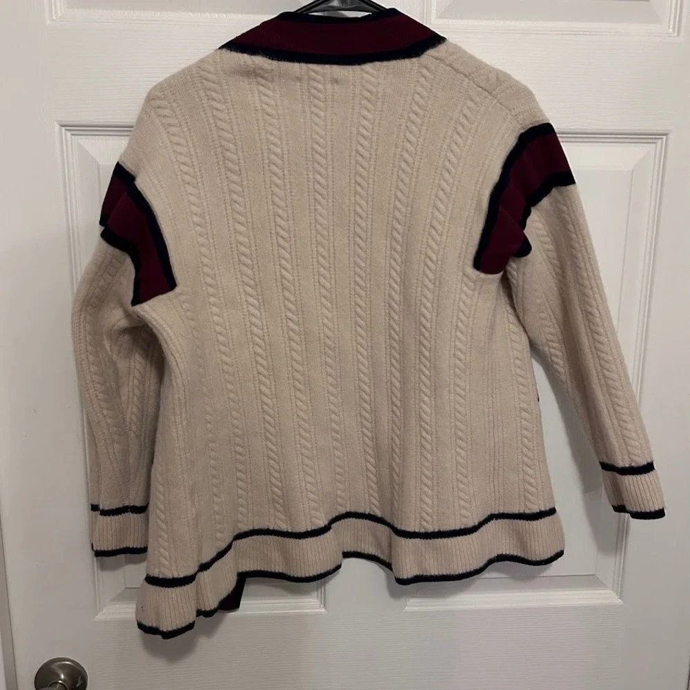 Sandro Paris Wool Cable Knit Cardigan Sweater Small Cream Burgundy - Picture 2 of 10
